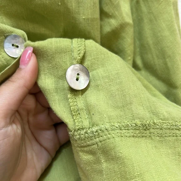 Flax Linen Button Up Cardigan Green Petite Mother of Pearl Buttons - Picture 4 of 5